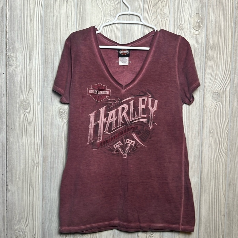 Harley Davidson Built For Bikers Women's Maroon V Neck T Size Large